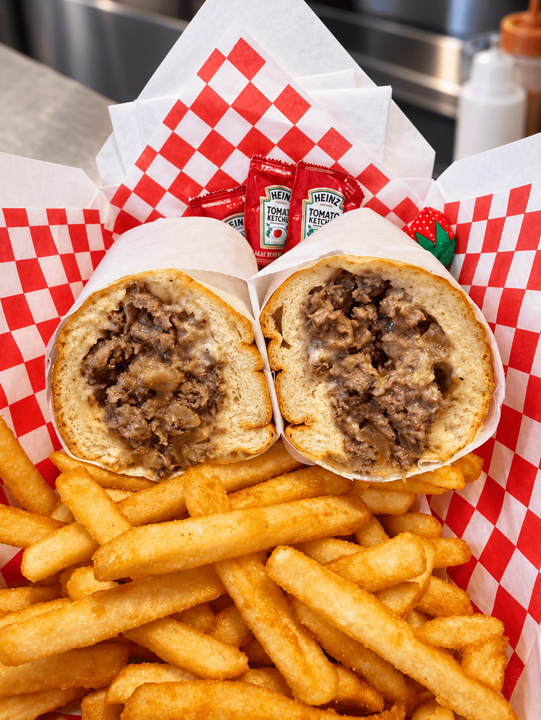 Two cheesesteak halves and fries served in red-and-white checkered paper